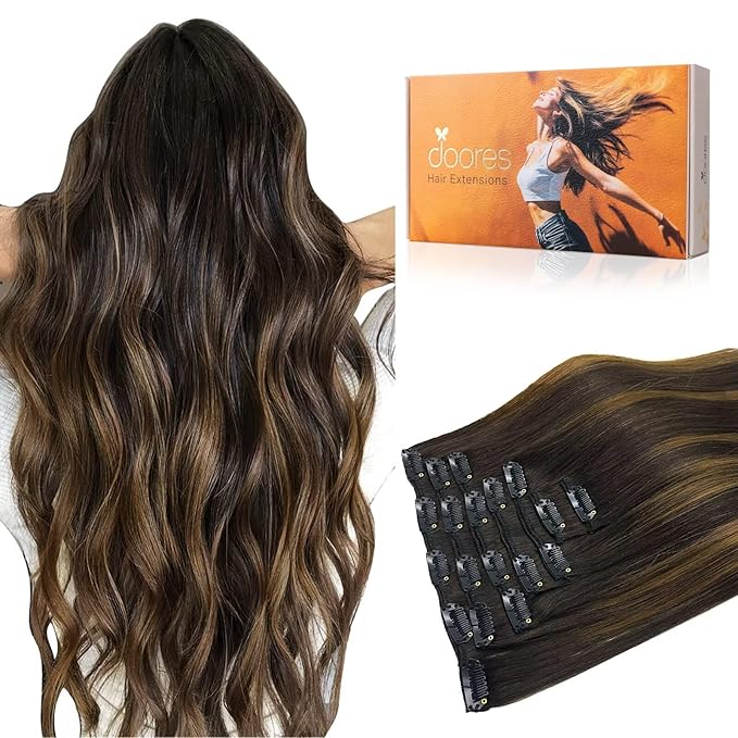 DOORES Clip in Hair Extensions Balayage Dark Brown to Chestnut Brown 120g 7pcs 16 Inch Remy Human Hair Extensions Clip in Real Hair Extensions Straight