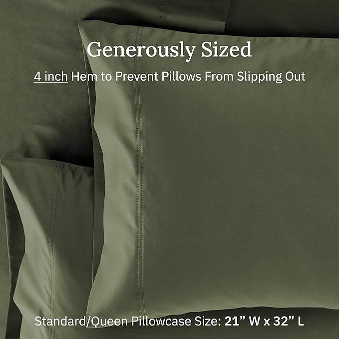 California Design Den Standard/Queen Pillow Cases Set of 2 - Luxuriously Soft Premium 600 Thread Count, 100% Cotton, Crisp Sateen, Fits Standard & Queen Pillows - Dark Olive Green