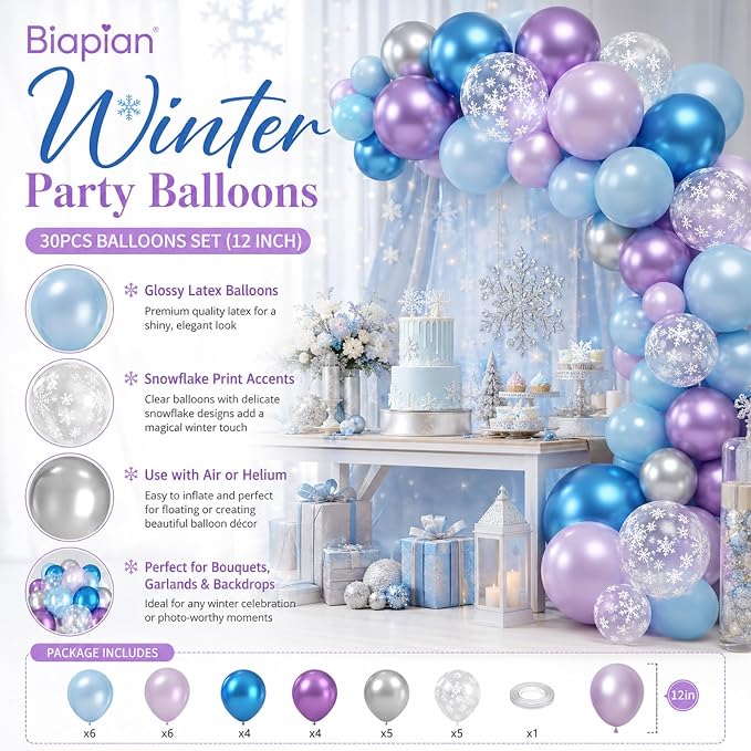 Frozen Balloons, 12 Inch Purple Blue White and Silver Balloons - Image 2