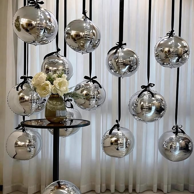 Silver Round Foil Balloons 9 pcs, Metallic Silver Giant 4D Round Balloons 22 - Image 5