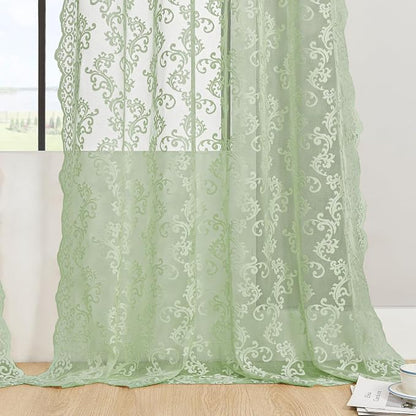 Sage Green Lace Curtains 72 Inches Long 2 Panels Country Vintage Sheer Lace - Image 5