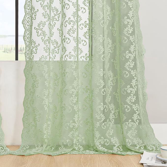 Sage Green Lace Curtains 84 Inches Long 2 Panels Country Vintage Sheer Lace - Image 5