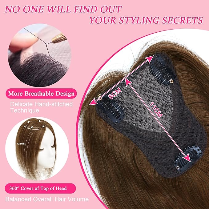 Hair Toppers for Women Real Human Hair Topper Upgrade Swiss Lace Middle Part Clip in Bangs Remy Human Hair Straight Hairpieces for Thinning Realistic Scalp 360° Cover Gray Hairy Roots Honey Brown