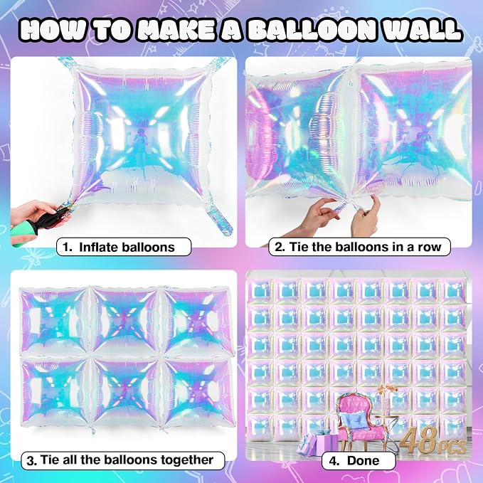 NISOCY 48PCS Iridescent Square Foil Balloons Wall Backdrop | Holographic - Image 5