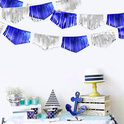 Royal Blue Silver Tassel Banner Metallic Fabric Pennant Bunting Flag - Image 6