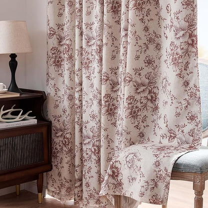 jinchan Red Floral Linen Blackout Curtains Lined 63 Inch Back Tab 2 Panels | - Image 8