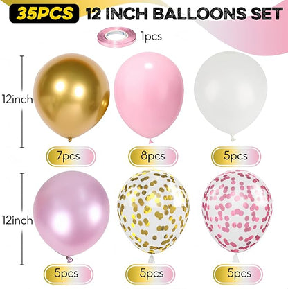 Pink Gold Balloons Set, 12 Inch Pink White Latex Balloons Pink Confetti Helium - Image 2