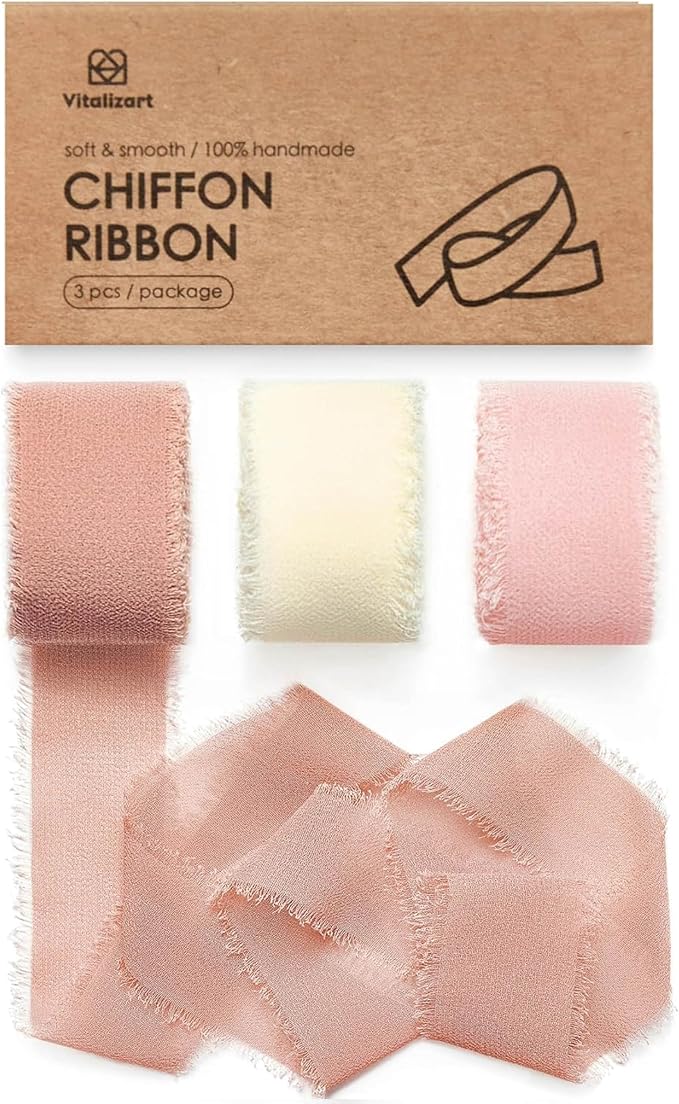 Vitalizart Pink & White Chiffon Silk Ribbon 1" x 21 Yd Handmade Fringe | Frayed by Vitalizart