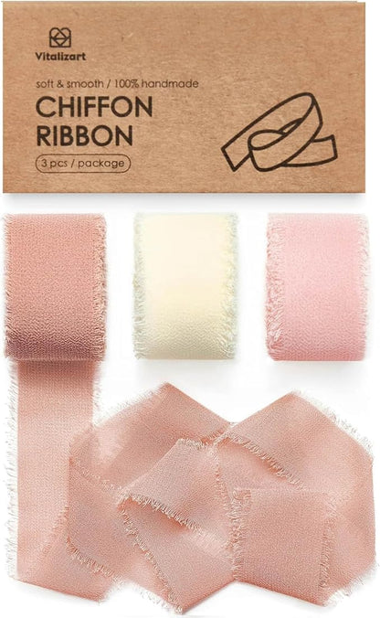 Vitalizart Pink & White Chiffon Silk Ribbon 1" x 21 Yd Handmade Fringe | Frayed by Vitalizart