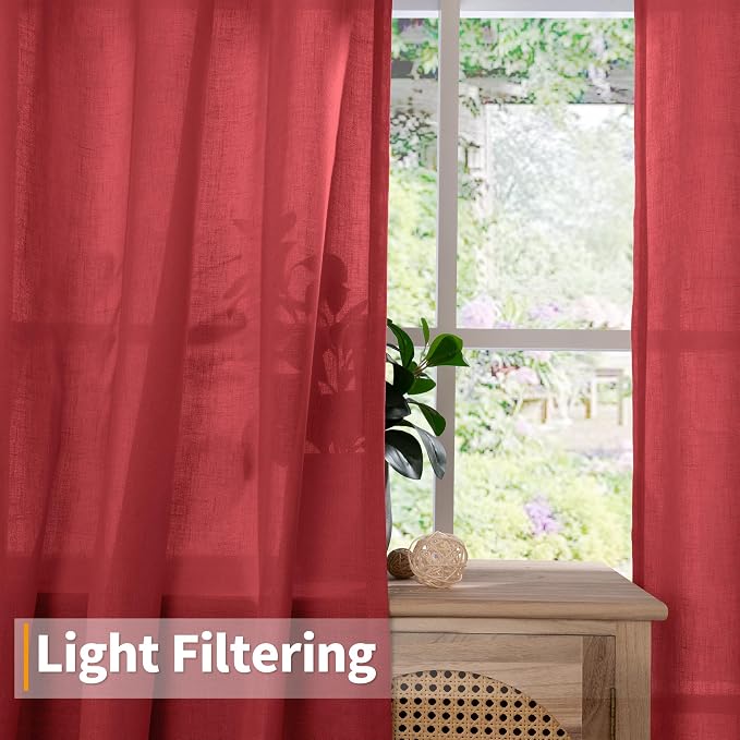 YoungsTex Red Linen Kitchen Curtains 40 Inch Length, Short Light Filtering - Image 3