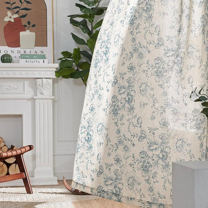 jinchan Blue Floral Linen Curtains 54 Inch Vintage Back Tab 2 Panels | Light - Image 6