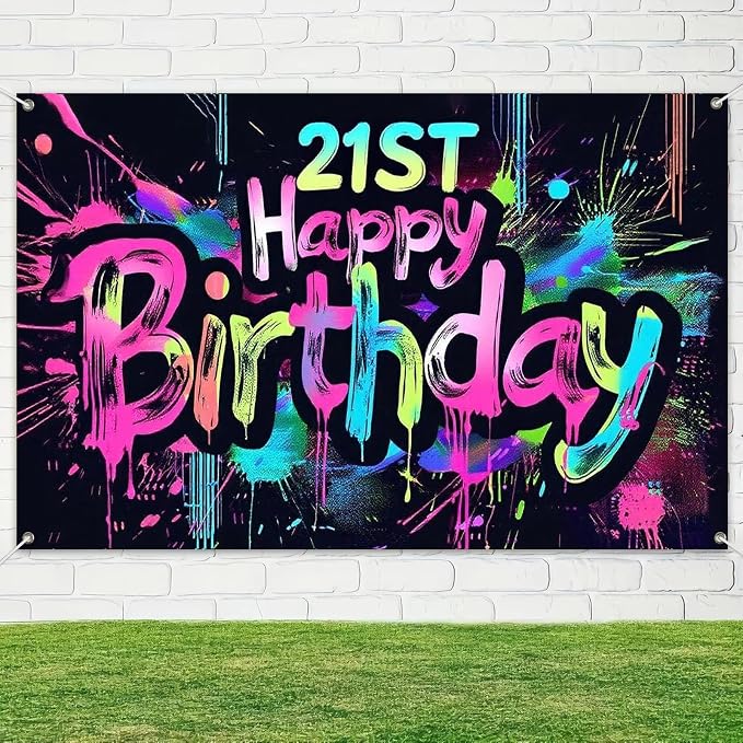 HOMETITUTE Neon 21st Happy Birthday Banner 71x43 Inch Paint Splatter Glow in - Image 4