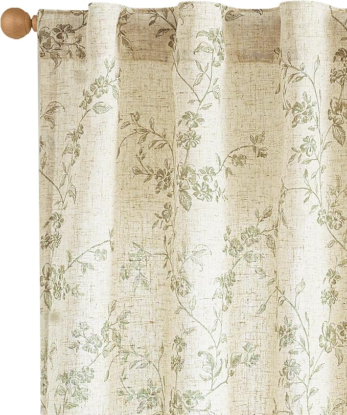 jinchan Green Floral Linen Curtains 90 Inch Farmhouse Back Tab 2 Panels | - Image 3