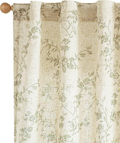 jinchan Green Floral Linen Curtains 90 Inch Farmhouse Back Tab 2 Panels | - Image 3