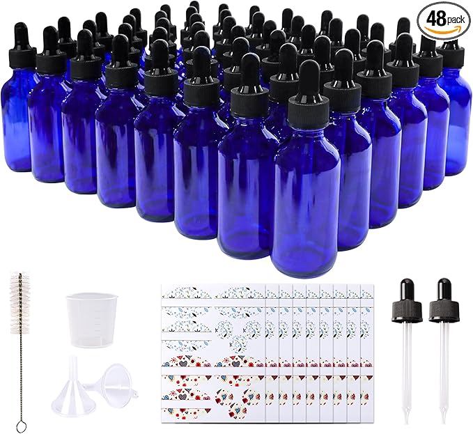 48 Pack 2oz Cobalt Blue Glass Bottles with Glass Eye Droppers for Essential Oils, Perfumes & Lab Chemicals (Brush, Funnels, 2 Extra Droppers, 54 Pieces Labels & 30ml Measuring Cup Included)
