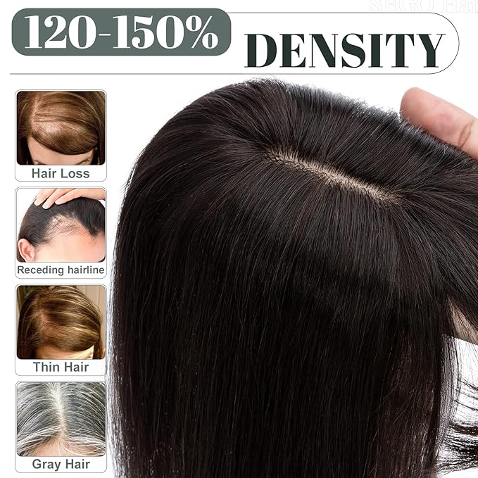 SEGO Hair Toppers for Women Real Human Hair with Thinning Hair, Toppers Hair Clip in Toppers with Front Bangs 150% Density Silk Base -14 Inch #1B Natural black
