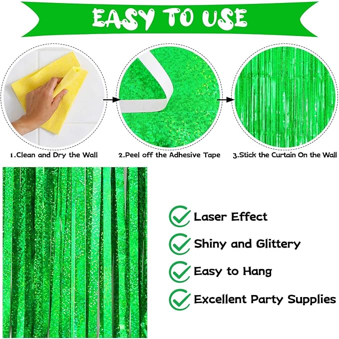 Green Tinsel Foil Fringe Curtain Backdrop, 3.3 x 8.2 ft Metallic Glitter - Image 4