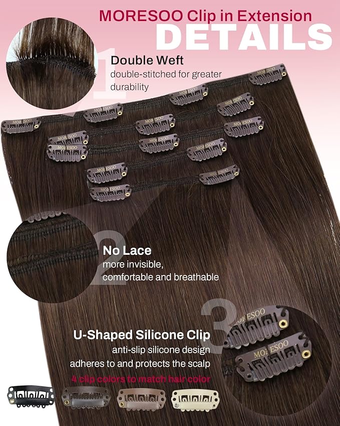 Moresoo Clip in Hair Extensions Real Human Hair Medium Brown Hair Extensions Clip ins Medium Brown Double Weft for Women Long to Add Length 80g/5pcs 20 inch Daily