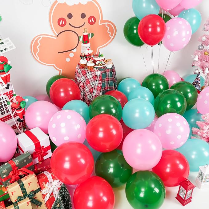 Red Pink Green Balloons with Pink Polka Dots Print Balloon, Pearl Turquoise - Image 4