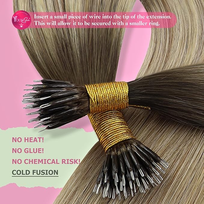 YoungSee Nano Beads Hair Extensions Human Hair Brown Ombre Blonde Nano Ring Hair Extensions 24inch Nano-tip Hair Extension Brown Balayage Blonde 50g for Weddings and Special Occasions
