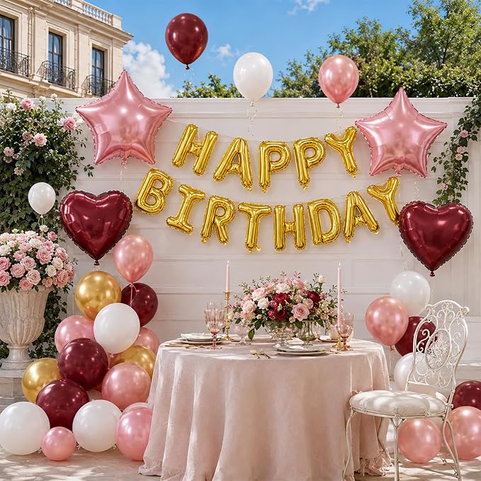 Burgundy Birthday Decorations for Women Girls, Burgundy Rose Gold Balloons Gold - Image 6