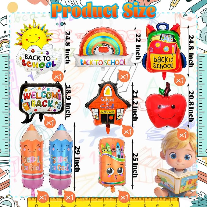 9 Pcs Back to School Balloons, Rainbow Balloon, Colorful Schoolbag Pencil Foil - Image 2