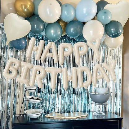 Happy Birthday Balloon Banner Cream Blue, 16 Inch Beige Mylar Letters Heart - Image 3
