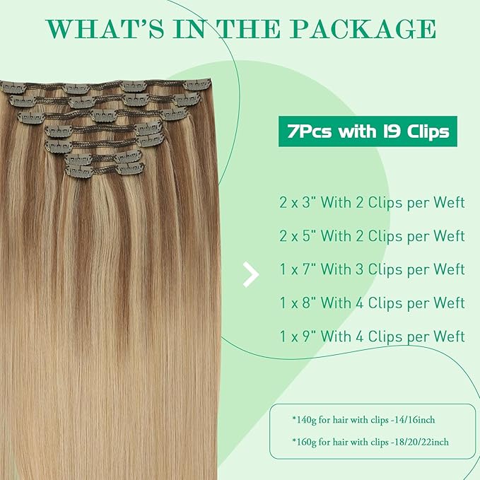 SURNEL Golden Brown to Caramel Blonde Clip in Hair Extensions Real Human Hair 7pcs 16 Inch 140g Clip in Hair Extensions for Women(7C#10/27/27-16")