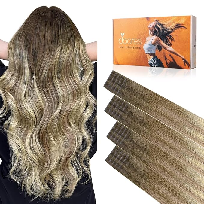 DOORES Invisi Edge Human Hair Extensions, Walnut Brown to Ash Brown & Bleach Blonde, 10 Injection Tape-ins, 50g, 14 Inch