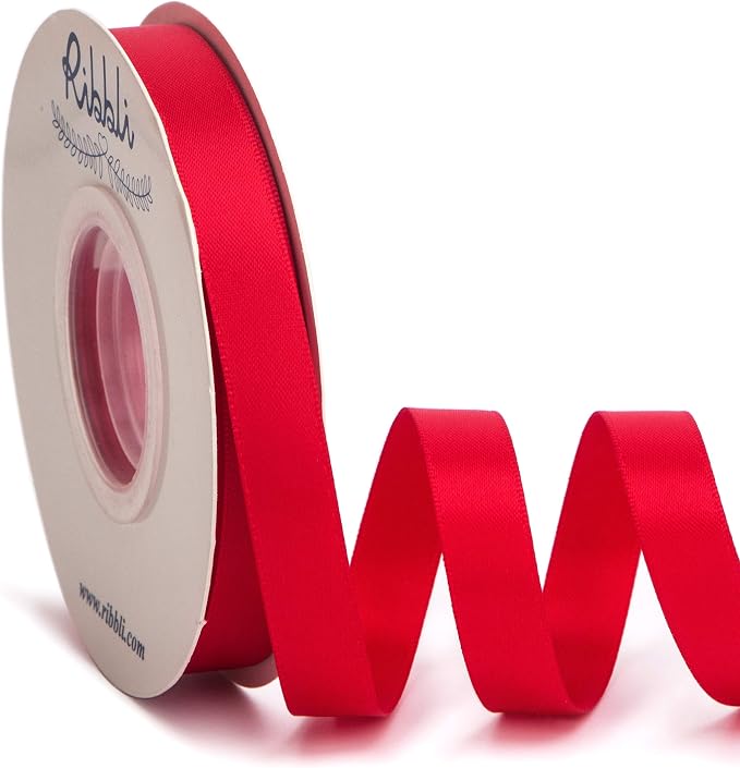Ribbli Double Faced Hot Red Satin Ribbon, 1/2” x Continuous 25 Yards, Use by Ribbli