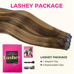 Lashey Seamless Clip in Hair Extensions Human Hair, 16 Inch 110g 7pcs Straight Balayage Chocolate Brown to Honey Blonde with Brown Root Highlight Clip in Hair Extensions for Women