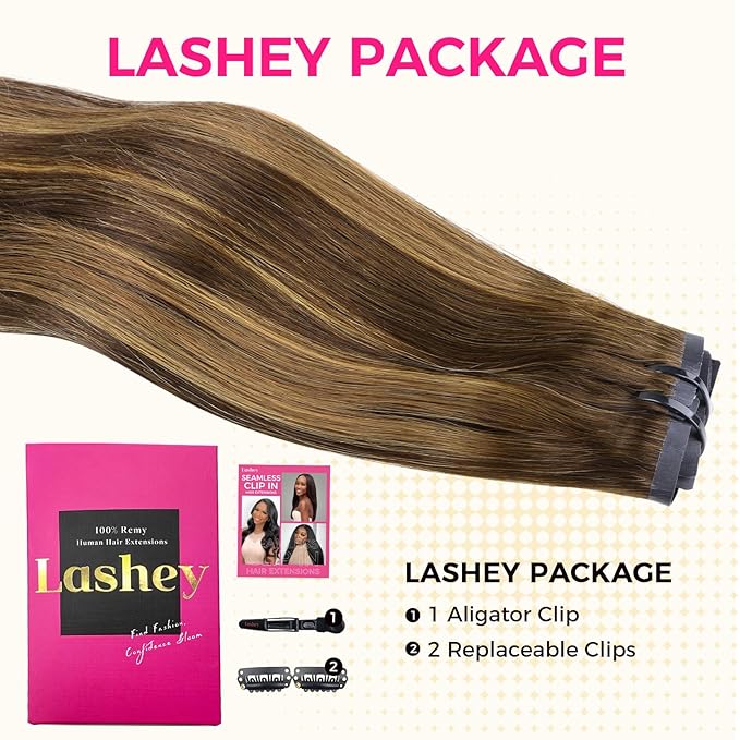 Lashey Seamless Clip in Hair Extensions Human Hair, 14 Inch 110g 7pcs Straight Balayage Chocolate Brown to Honey Blonde with Brown Root Highlight Clip in Hair Extensions for Women