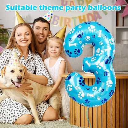 40 Inch Blue Dog Paw Birthday Balloons, Number 3 Balloons - Image 3