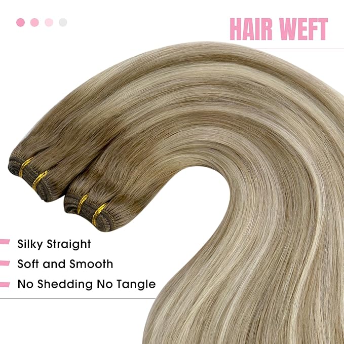 YoungSee Hair Extensions Weft Light Brown Sew in Extensions Hand Tied Weft Hair Extensions Human Hair Light Brown Mix Platinum Blonde Thick Remy Hair for Full Head 18Inch 100g