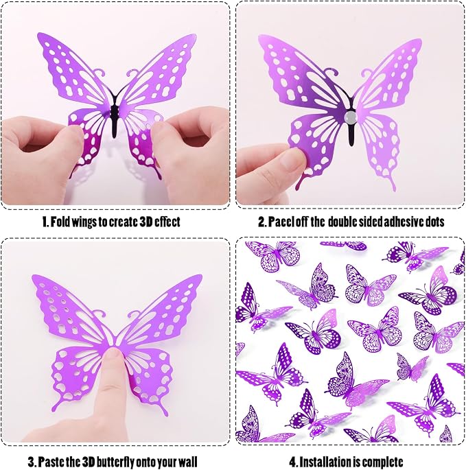 SAOROPEB 3D Butterfly Wall Decor 48 Pcs Purple Butterfly Decorations | 4 Styles - Image 6