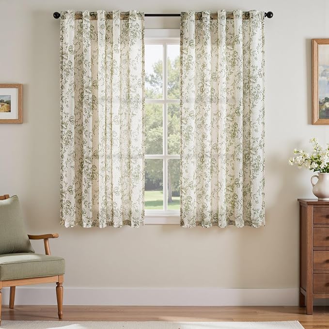 jinchan Green Floral Linen Curtains 63 Inch Vintage Back Tab 2 Panels | Light by JINCHAN
