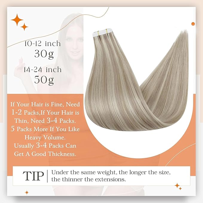 Full Shine Tape in Hair Extensions Seamless Human Hair Invisible Tape in Human Hair Extensions Mixed Color Ash Blonde with Blonde 50 Gram Per Package Double Side Skin Weft 20 Inch 20Pcs Natural
