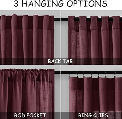 Burgundy Linen Curtains Semi Sheer 96 Inches Long 2 Panels Set - Image 2