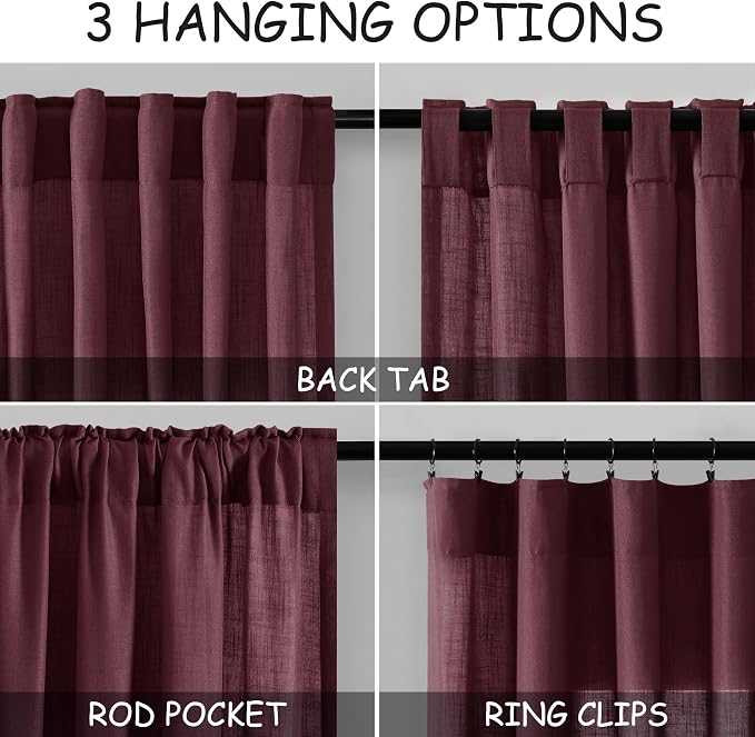Burgundy Linen Curtains 90 Inch Long 2 Panels Set - Image 2