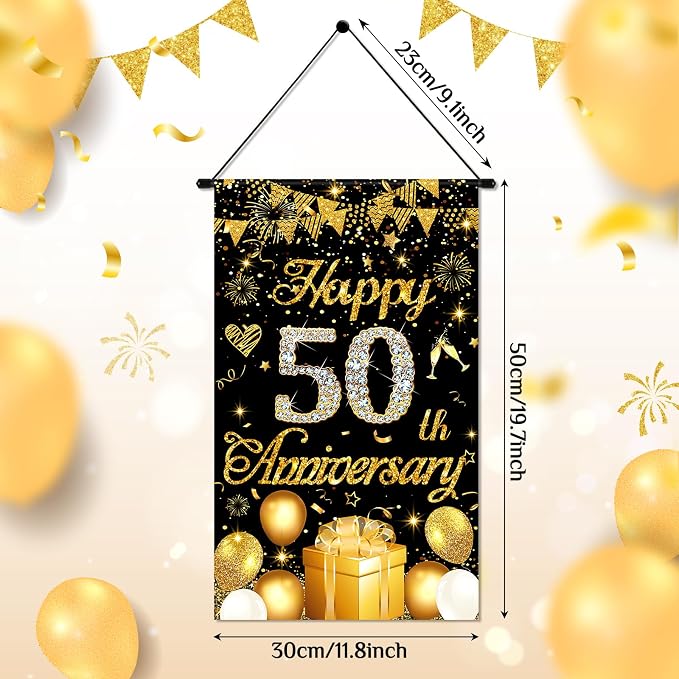 50th Anniversary Decorations Small Banner Black Gold Happy 50th Anniversary - Image 3