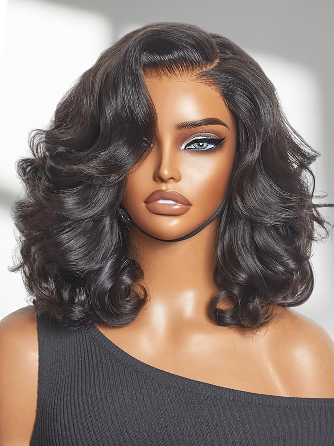 LUVME HAIR 100% Human Hair Wigs Loose Wave Glueless Lace Front 12 Inches, Pre Cut Plucked Hd Lace Short Wig Ready To Go Natural Color Straight Bleached Knots Side Part Black Wigs