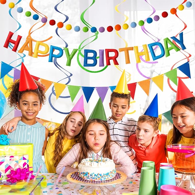 Kriyokiaa Colorful Rainbow Happy Birthday Banner Garland Set | Pre-strung felt - Image 2