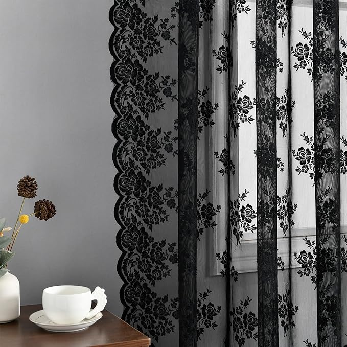 Kotile Black Lace Curtains for Bedroom Rustic Floral 42 x 63 Inch 2 Panels | - Image 5