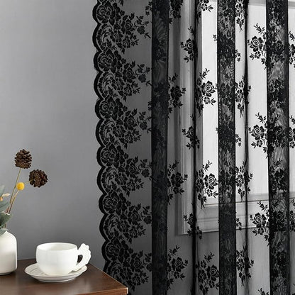 Kotile Black Lace Curtains for Bedroom Rustic Floral 42 x 63 Inch 2 Panels | - Image 5