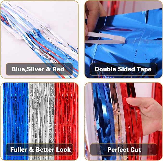 PIGETALE, 2 Pack 3.2 x 8.2 ft Red White and Blue Foil Fringe Backdrop Curtain - Image 4