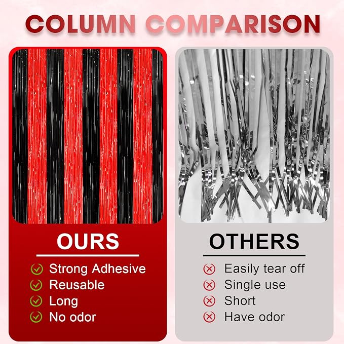 Voircoloria Red Black Foil Fringe Backdrop Curtains, 2 Pack | Tinsel Streamers - Image 5