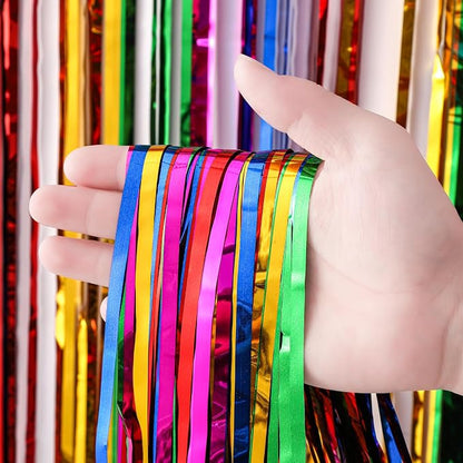 Voircoloria Rainbow Foil Fringe Backdrop Curtains, 3 Pack | Tinsel Streamers - Image 2