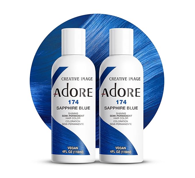 Adore Semi Permanent Hair Color (174 Sapphire Blue) | Vegan & Cruelty-Free Blue Hair Dye | No Ammonia, No Peroxide, No Alcohol | 4 Fl Oz Each (Pack of 2)