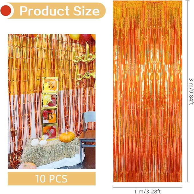 10 Pack Orange Foil Curtain Backdrop 3.2ft x 9.8ft Metallic Tinsel Foil Fringe - Image 3