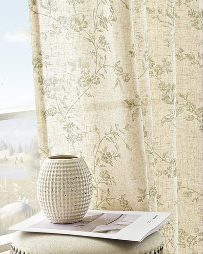 jinchan Green Floral Linen Curtains 84 Inch Farmhouse Back Tab 2 Panels | by JINCHAN